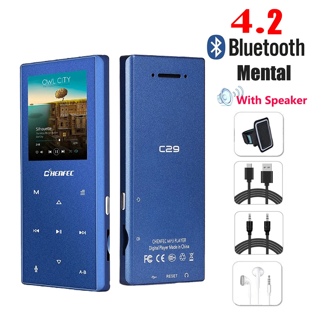 Обновленный Bluetooth 4,2 металлическая Спортивная сенсорная кнопка MP4 плеер с динамиком, рекордер fm-радио, расширяемая sd-карта 128 ГБ - Цвет: C29-Full set-Blue