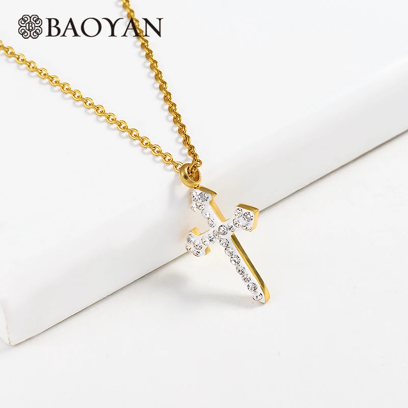 Baoyan винтажное ожерелье с крестом из стразов розовое золото/серебро/золото покрытие из нержавеющей стали ожерелье s религиозный крест ожерелье s для женщин