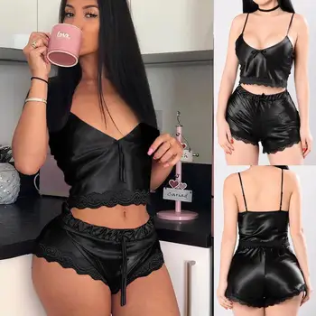 

Sexy Pyjamas Women Stain Silk Lace Lingerie Set Nightwear Soft V-neck Camisole With Boyshort Shorts Pijama Sleepwear Set pajamas