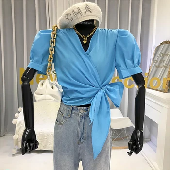 

Sexy & Club V-Neck Crop Tops Puff Sleeve New Arrival 2020 Fashion Summer Blouse Women Short Sleeve white blue