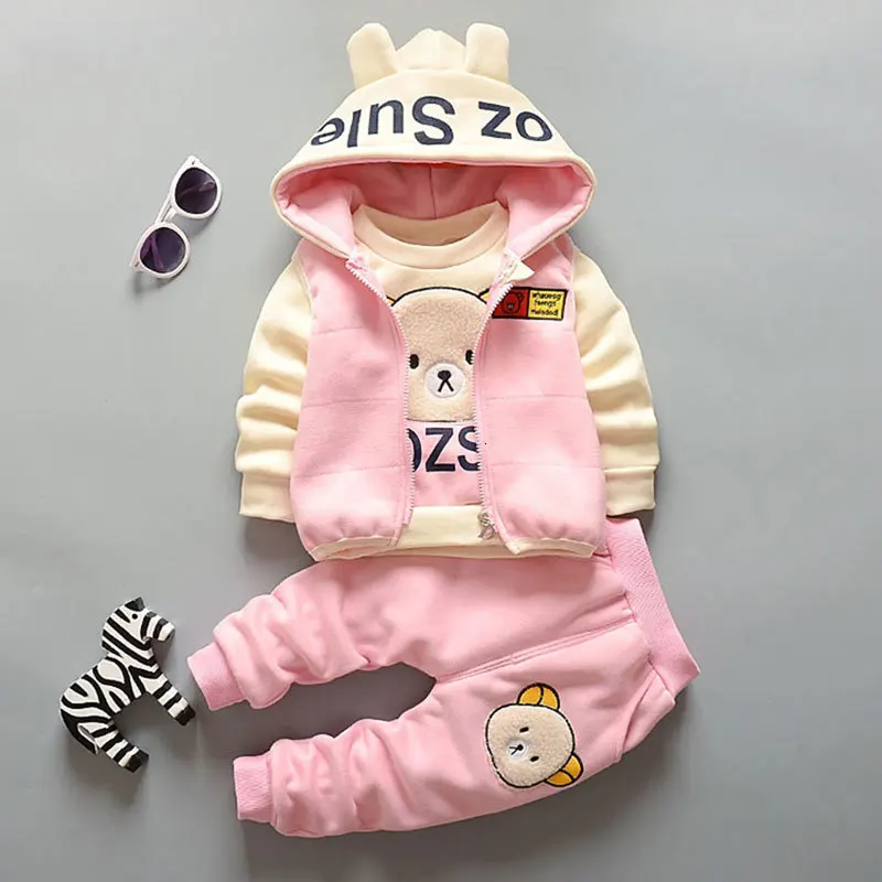 Осенний комплект одежды для маленьких мальчиков и девочек, теплый вельветовый костюм из 3 предметов Одежда для новорожденных мальчиков и девочек, комплекты с капюшоном, 40 - Цвет: pinkset