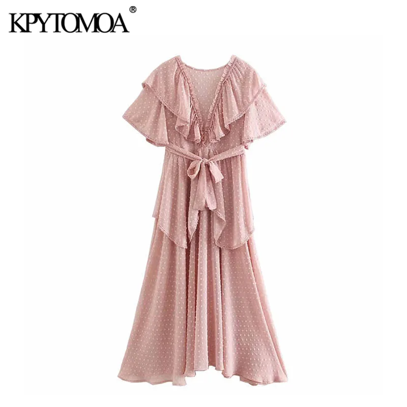 

Vintage Sweet Dot Chiffon Bow Tie Sashes Ruffles Midi Dress Women 2020 Fashion O Neck Short Sleeve Beach Dresses Vestidos Mujer