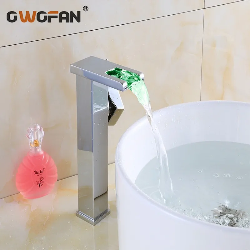 

Modern Waterfall LED Basin Faucet Bathroom Square Chrome Finish Deck Mounted Sink Faucets Single Handle Mixer Water Tap S79-319