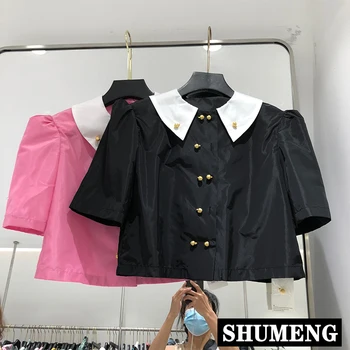 

Streetwear Women Cropped Tops Retro Solid Color Double Row Gold Button Shirt Short Sleeve 2020 Summer New Lady Short Blouses