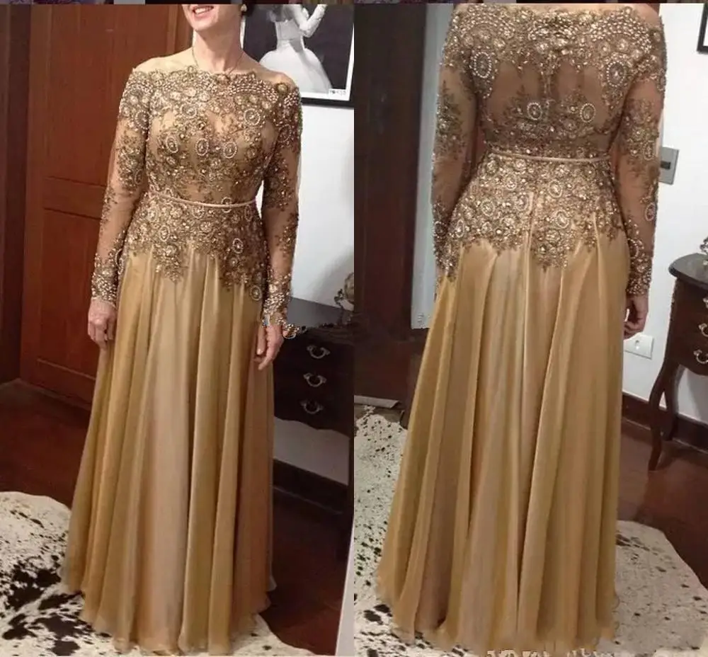

Gold Plus Size Mother Of The Bride Dresses 2020 Long Sleeve Bateau A Line Lace Beaded Crystal Chiffon Long Mother Wedding Guest
