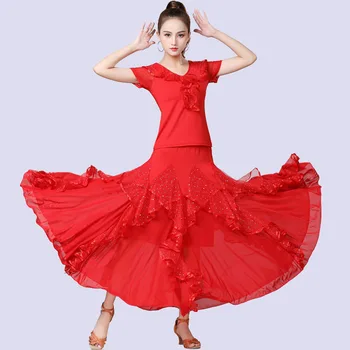 

2pcs/set Lady Ballroom Dance Set Female Large Swing Skirt Social Dancing Square Dance Performance Sequin Costume