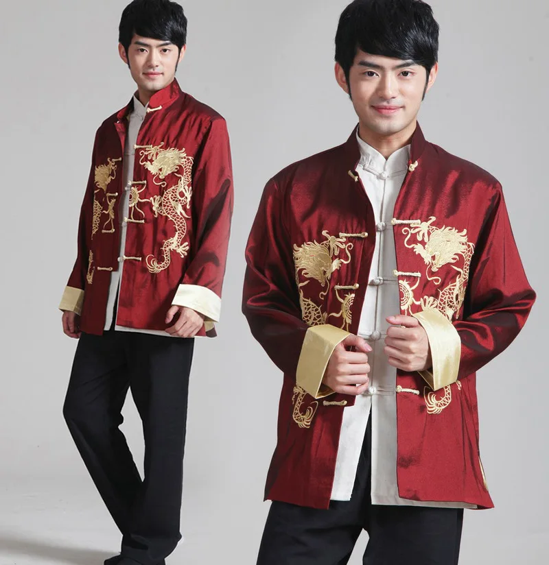 Для мужчин Традиционный китайский дракон, вышивка костюм Тан восточные футболки Топы рубашка Кунг-фу Свободная блуза мужская куртка ханьфу сценический костюм