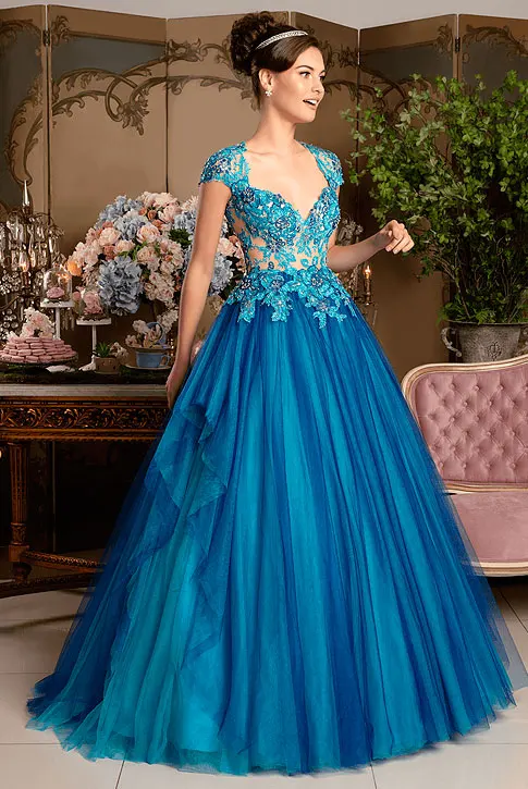 На заказ Vestidos de 15 anos с аппликацией из кружева и тюля Бальные платья Формальное вечернее платье платье для девочек с рукавами-крылышками - Цвет: Синий