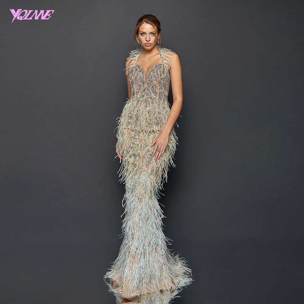 

YQLNNE Luxury Halter Feathers Evening Dress Long Silver Crystals Mermaid Evening Gown Sleeveless