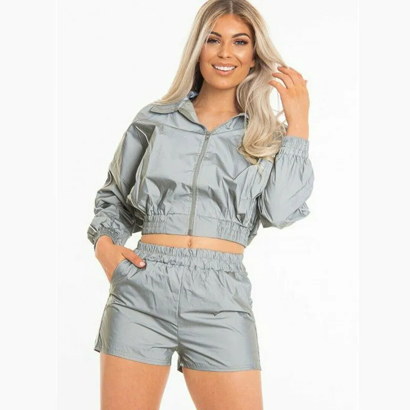 

2020 Spring Women Tracksuit Zip Reflective Light Short Jackets Tops Casual Clubwear Sports Suit Festival Clothes Plus Size