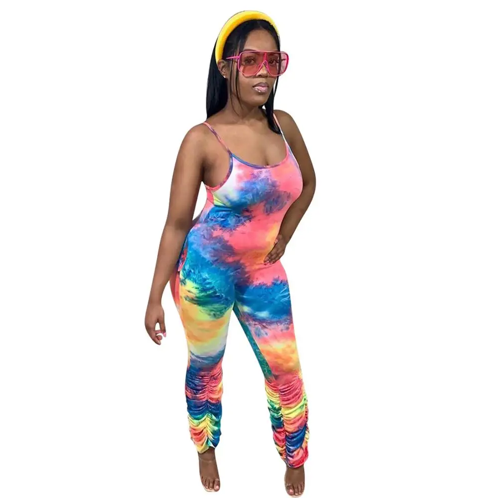 

2020 Women Tie Dye Galaxy Print Spaghetti Strap Stacked Jumpsuit Romper Bodysuit Night Party Playsuit Pleated One Piece Outfits