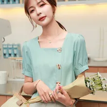 Korean Chiffon Women Blouses Women Square Neck Solid Blouse Top Plus Size Blusas Mujer De Moda 2020 Woman Short Sleeve Blouse OL