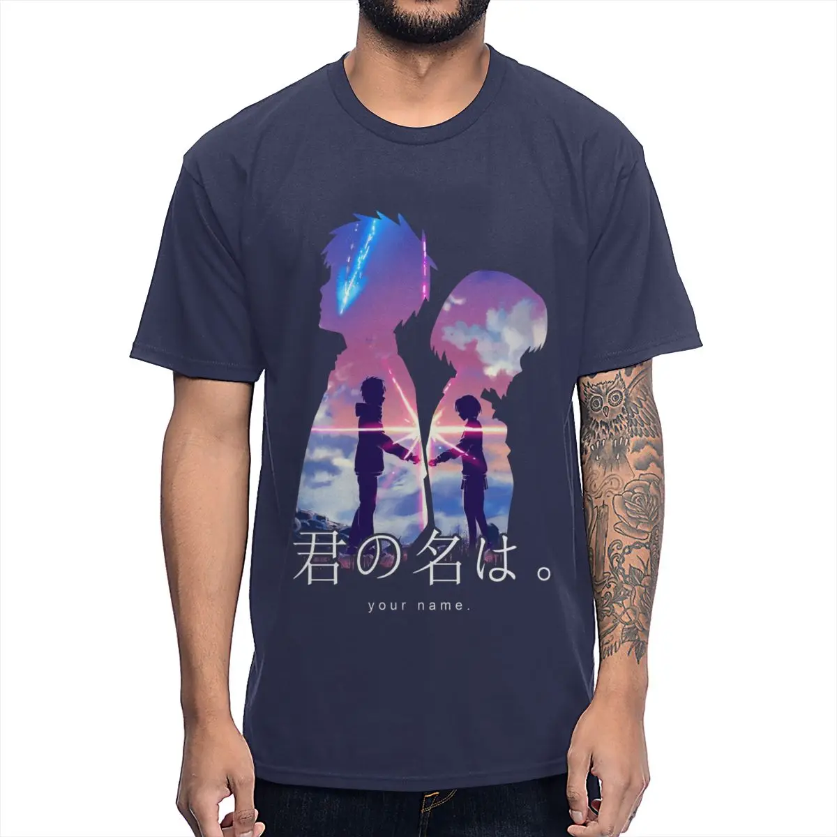 Японская аниме ваше имя натуральный хлопок Футболка графический принт модный стиль футболка - Цвет: Тёмно-синий