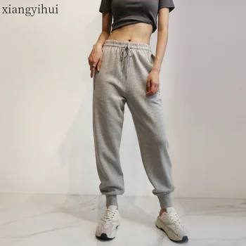 

Street Casual High Waist Pocket Harem Pants Women Grey Loose Full Length Trousers 2020 Autumn Winter Black White Cotton Pants