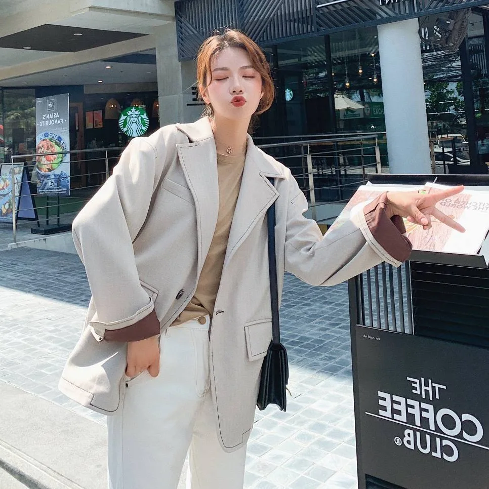 

Photo Shoot 2019 Autumn And Winter Beige Apricot Open Wire Graceful Loose-Fit One-Button Loose-Fit Casual Suit Jacket Women's Sh