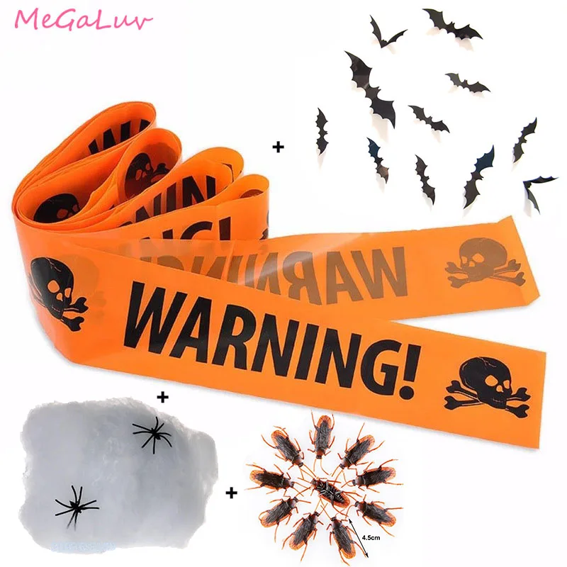 

24pcs/set 2019 Halloween Decoration Warnning Tape Fake Cockroach Bat Wall Sticker White Spider Web Halloween Party Prps Kit