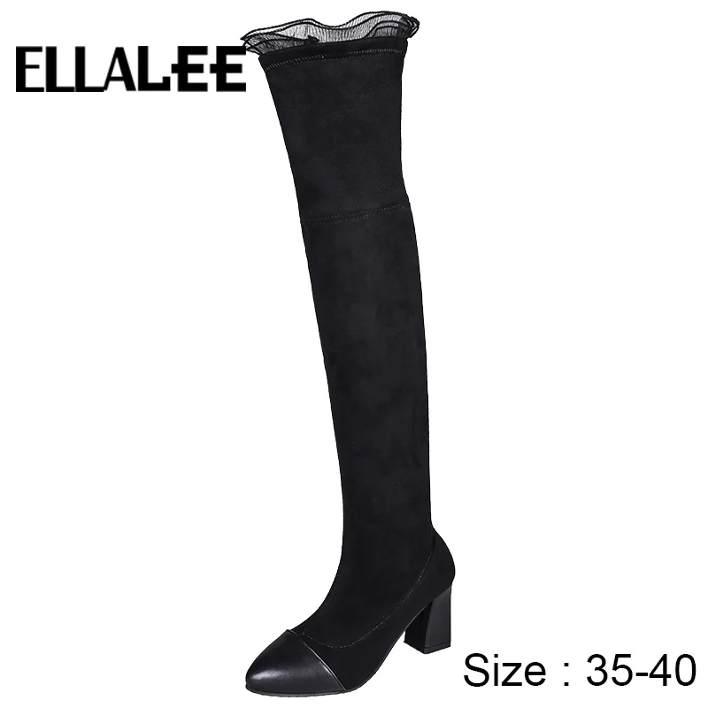 Thigh-high Ruffles Patch-work Over Knee Boots For Women 2020 Autumn/Winter New Women's Shoe Chunky Heel Stretch Boot