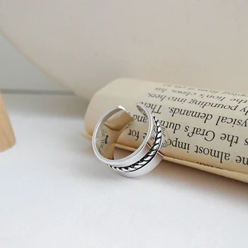 

SUNIANGON Unique Hemp Rope Groove Open Ring 100% 925 Sterling Silver Exaggerated Wide Big Ring Antique Silver Women Ring