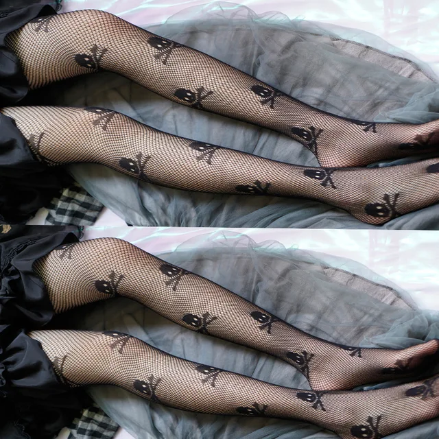 Snake Tights Women Black Anime Pantyhose KT Cat Pattern Fishnet Stockings Sexy Harajuku Hosiery Nylon Women's Lolita G Tights Skeleton-B