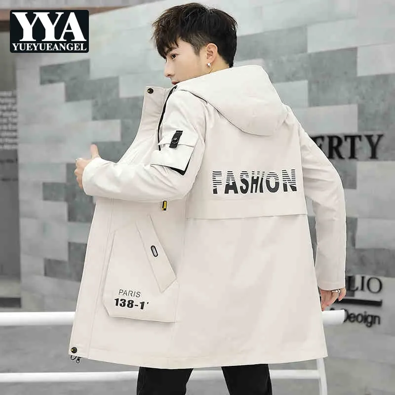 

Fashion Hooded Coat Men Casual Work Slim Medium Long Windbreakers 2019 New Spring Autumn College Style Zipper Black Outerwear