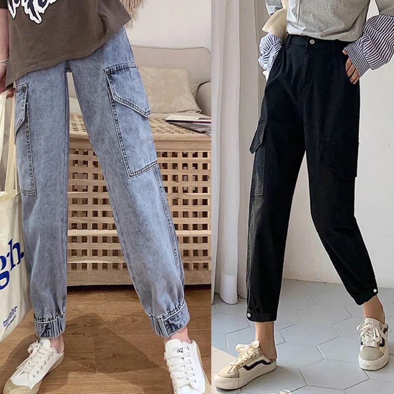

Overalls Women's Autumn New Elastic Waist Loose Korean Street Fashion Jeans Women's Cropped Pants High Waist Wide Leg Jeans