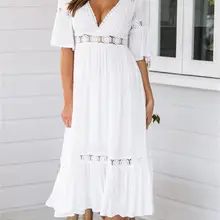 Белое платье Макси, летняя пляжная туника, женский сарафан, сексуальное кружевное вязаное крючком длинное платье-туника, Пляжное платье, Vestido Blanco Largo