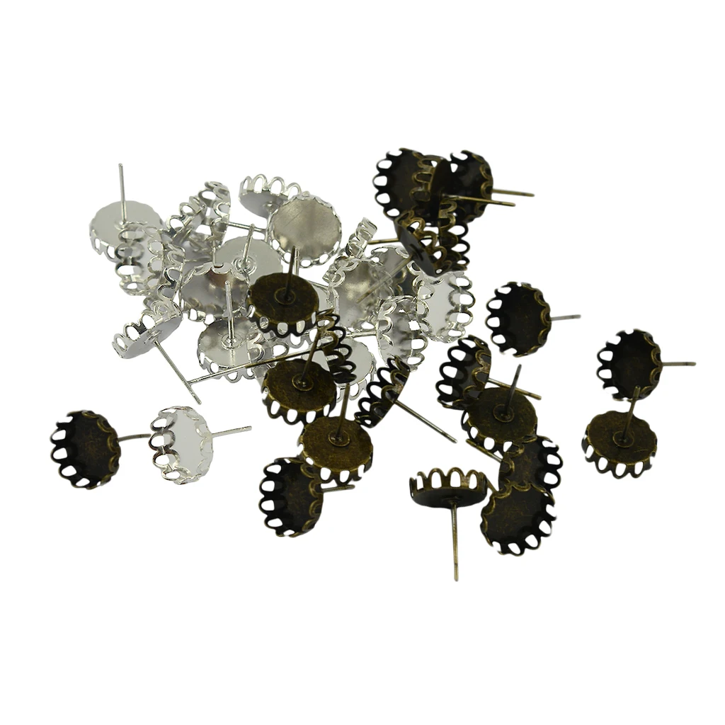 40Pcs 10mm Filigree Cabochon Ear Studs Blank Bezel Setting silver color & Bronze