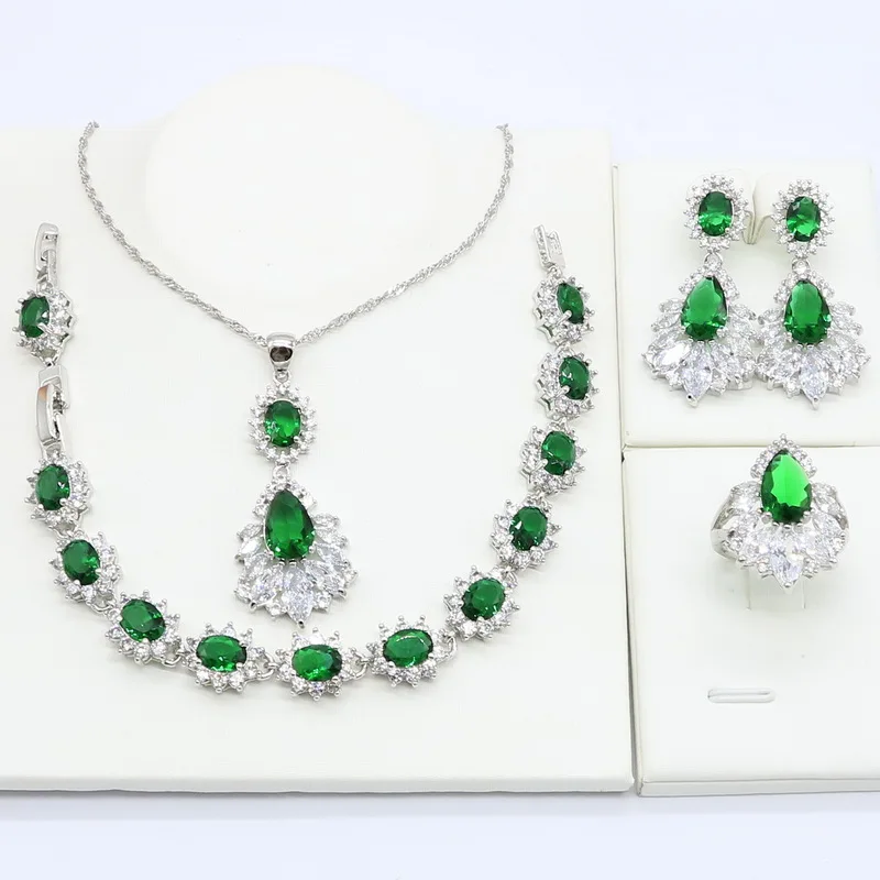 

Green Crystal 925 Silver Bridal Jewelry Sets for Women Bracelet Necklace Pendant Ring Earrings Gift Boxes