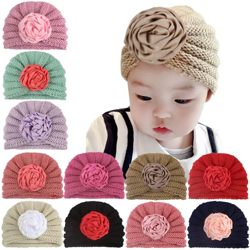 Newborn baby knit cotton cap hat Baby Boy Girl Knitted warm Turban Flower Hat Winter Warm Beanie