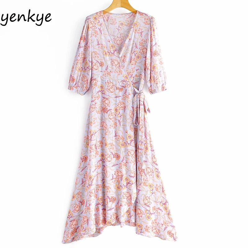 Женское платье с цветочным принтом повседневное длинное запахом v образным