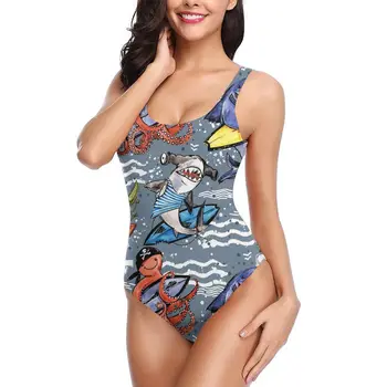 

Swimwear Women Cute Cartoon Sea Fish Vintage Surf Shark Octopus Crab One Piece Swimsuit Women Bodysuit 2020