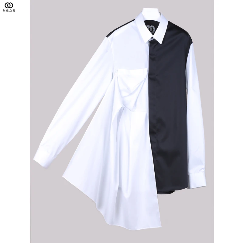 S-6XL New women men's clothing Hair Stylist original Asymmetric Decoration of pleated black white Shirt plus size costumes
