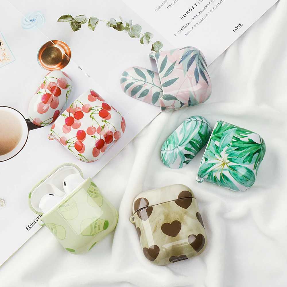 

Shockproof Protective Cover For Apple Airpods 1 2 PC Cover Water Paste Cartoon Case For Air Pods 1 2 Green Leaves Pattern Box