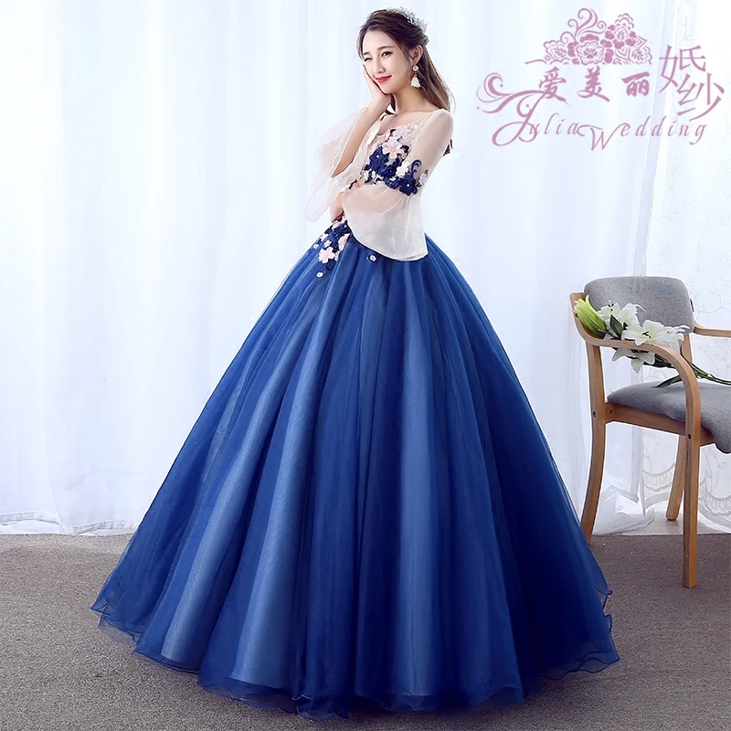 Vestidos De 15 Anos Azul Ball Gowns Sweet 16 Long Blue Flare Sleeve Appliques Girl Quinceanera Dresses For Quinceanera 15 Years