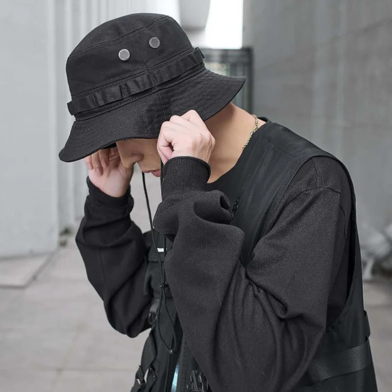 Панама CROXX Techwear унисекс черная солнцезащитная в стиле хип-хоп панк | Аксессуары