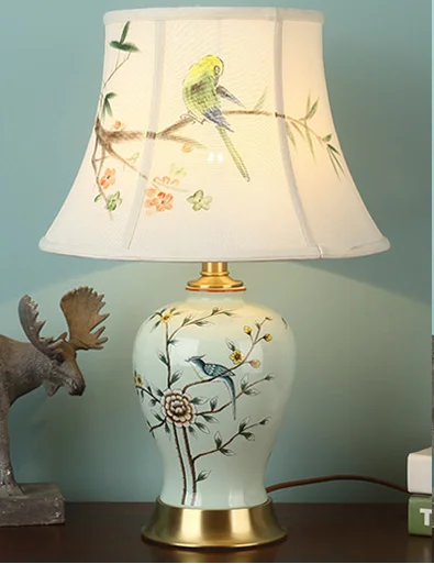 hand painted Китайская ручная роспись цветы птица Керамическая Настольная лампа для спальни прикроватная гостиная фойе стол для чтения ночной Светильник 190143 - Цвет абажура: hand painted