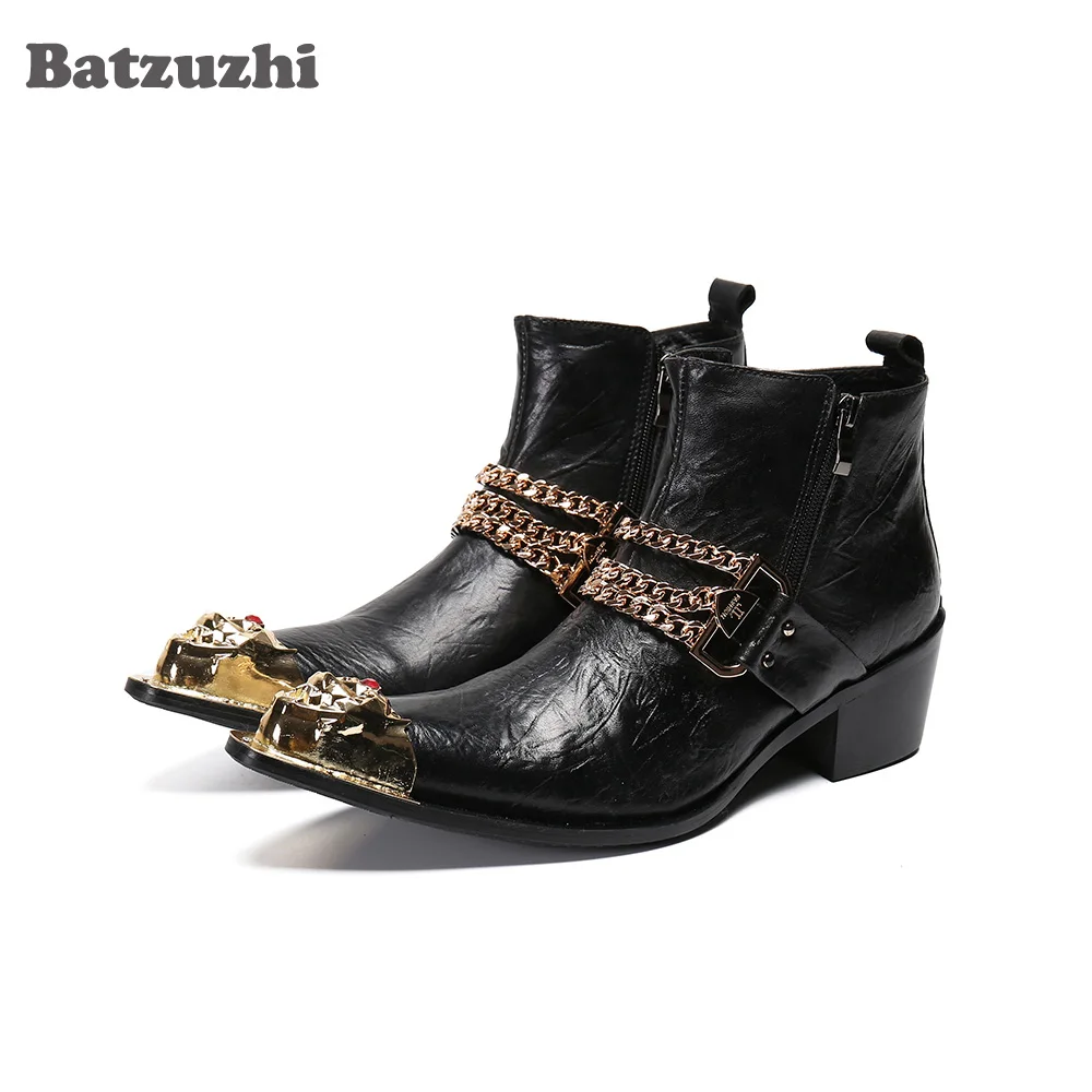 

Batzuzhi Handmade Men's Shoes Pointed Metal Tip Leather Ankle Boots Botas Hombre Motorcycle Leather Boots Men 6.5cm High Heels