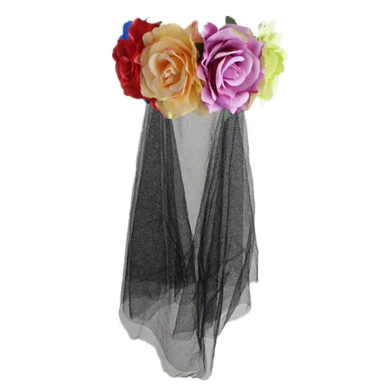 Womens Halloween Wreath Headband Handmade Fabric Rose Flower with Black Mesh Veil Tulle Crown Festival Day of The Dead Hair Hoop - Цвет: like pic