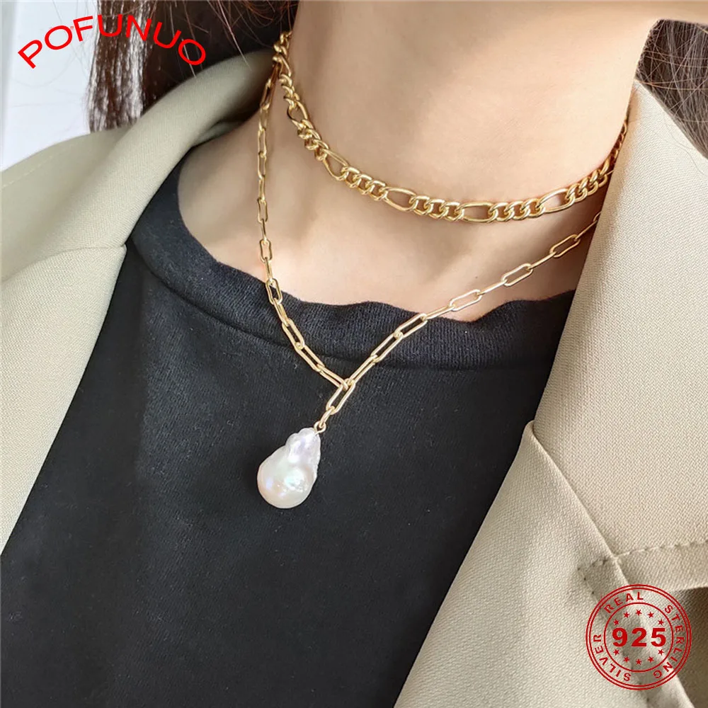 POFUNUO 925 пробы Серебряная большая цепочка ручной работы женские модные ожерелья-Чокеры геометрические Необычные жемчужные подвески шикарные короткие ожерелья