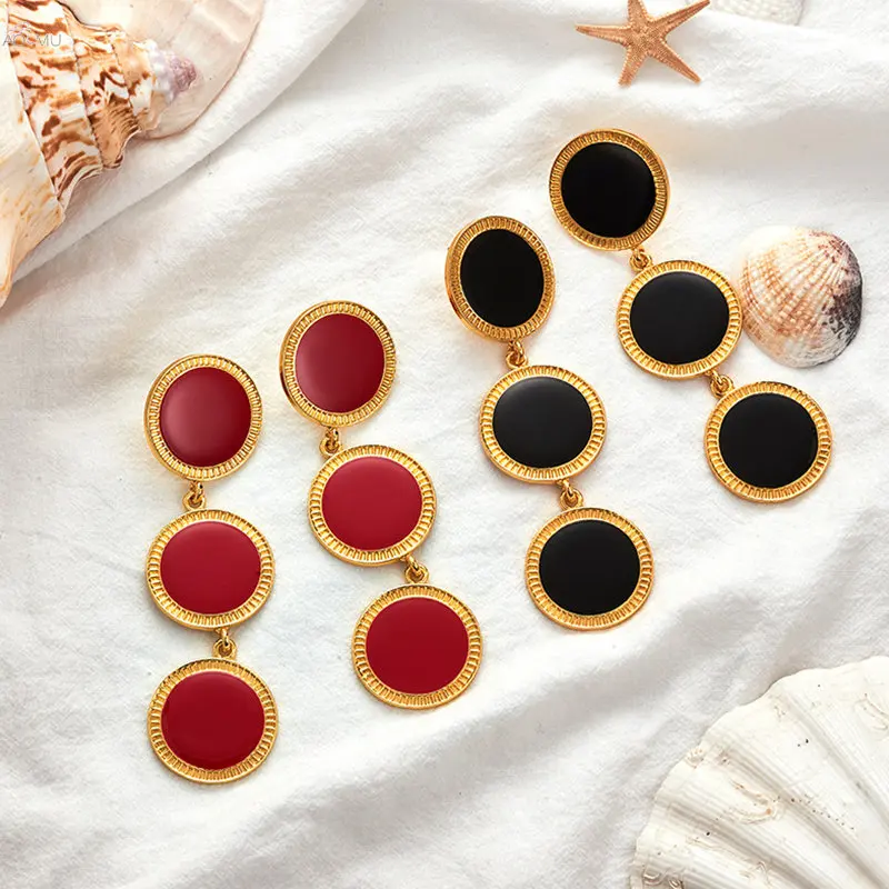 

1Pair Bohemia Temperament Drop Earring For Women Red Black Alloy Round Long Pendant Earrings Wedding Party Jewelry Set