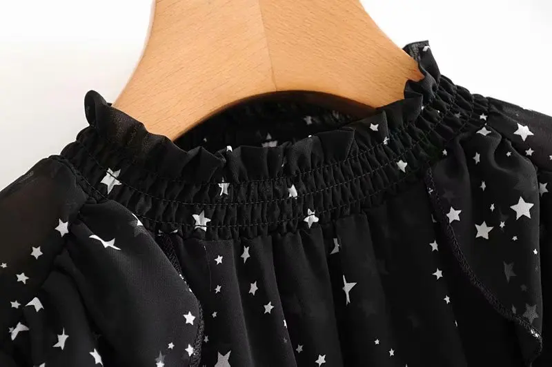 Осень, каскадные топы с оборками, женская рубашка с длинным рукавом и принтом звезд, женские черные шифоновые топы