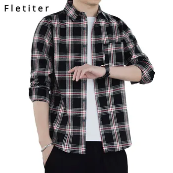 

Flannel Men Plaid Shirt Slim Fit Casual Long Sleeve Sanding Shirt Spring Autumn Male Social Dress Shirts Soft Comfort 4XL 3XL