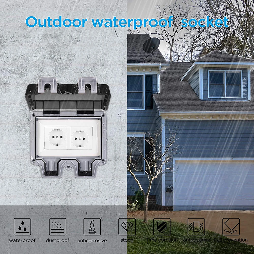 Power Socket IP66 Weatherproof Waterproof Outdoor Wall 16A Double EU Standard Electrical Outlet Grounded AC 110~250V