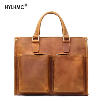 

Genuine Leather Handbag Men Laptop Bag Business Large Capacity Male Briefcase Shoulder Messenger Bag New Crazy Horse Leather 14"