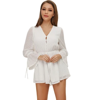 

Spring Summer Dot Chiffon Short Jumpsuits Women Fashion Sexy Transparent Playsuits Long Sleeves Bohemian Beach Bandage Overalls