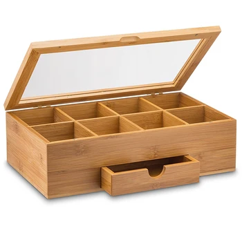 

New Wood Simply Tea Organizer Bamboo Tea Box with Small Drawer 100% Natural Bamboo Tea Gift Idea
