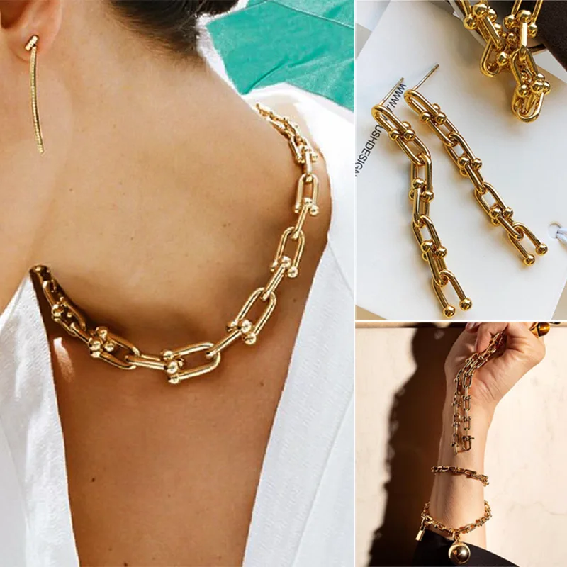 

VILAGE New 2021 Fashion Simple U-shaped Horseshoe Buckle Stitching Bracelet Necklace Earrings Jewelry Gold Chain Accessories