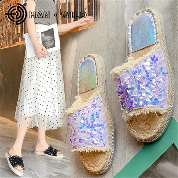 

Summer Fashion Slip On Slides Women Sequins Slippers Female Flat Sandals Outdoor Beach Slides Ladies House Shoes Woman Brand