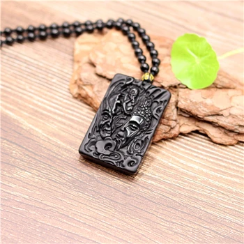 

Natural Black Green Chinese Obsidian magic Buddha Pendant Necklace Jewelry Fashion Carved Amulet Gifts sweater chain