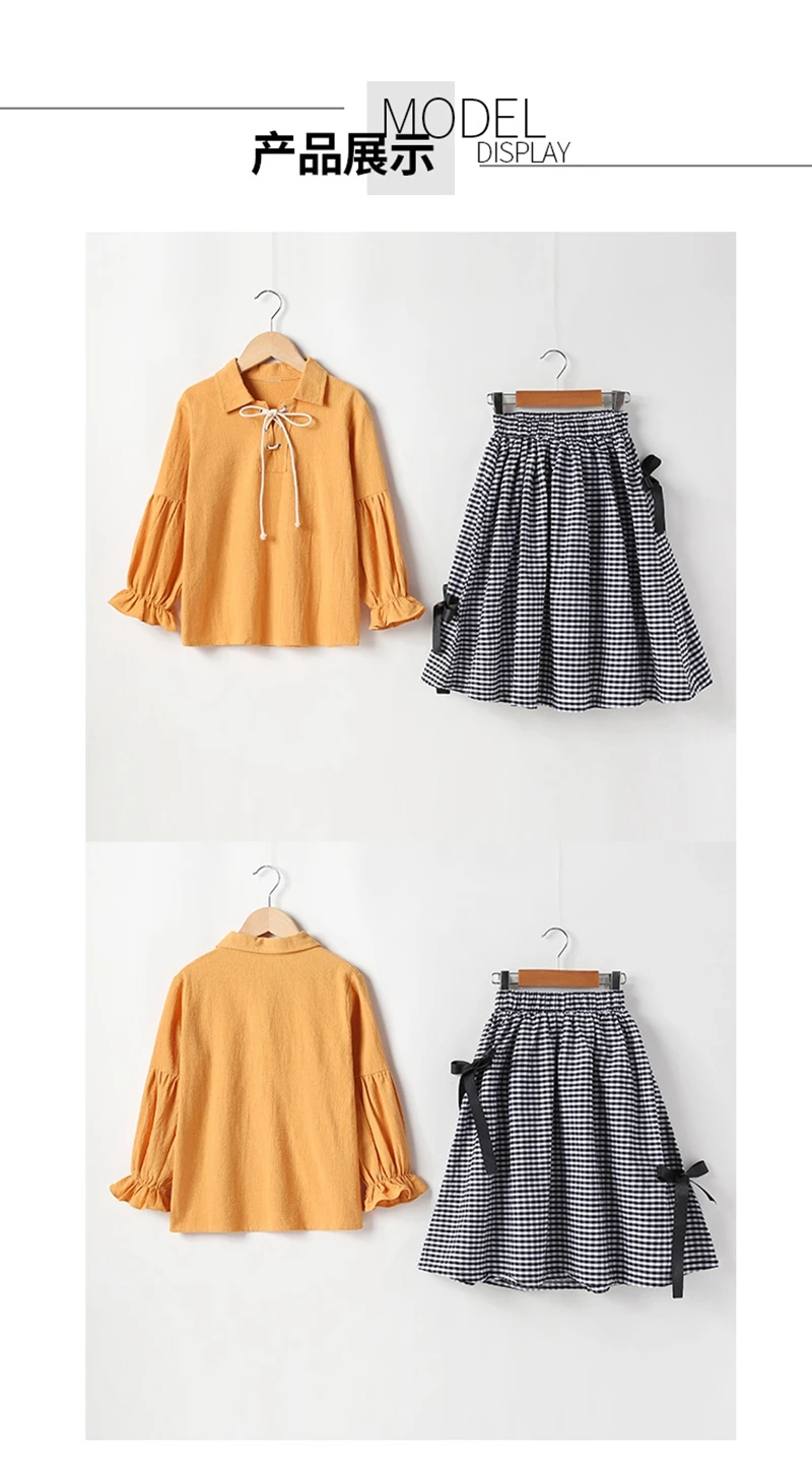 Комплект детской одежды для девочек осенние костюмы, юбки детские рубашки для девочек желтая Блузка Топы, пуловеры+ клетчатая юбка Robbons